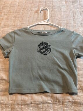 Garage Sage Green Crop Top with Black Dragon Graphic